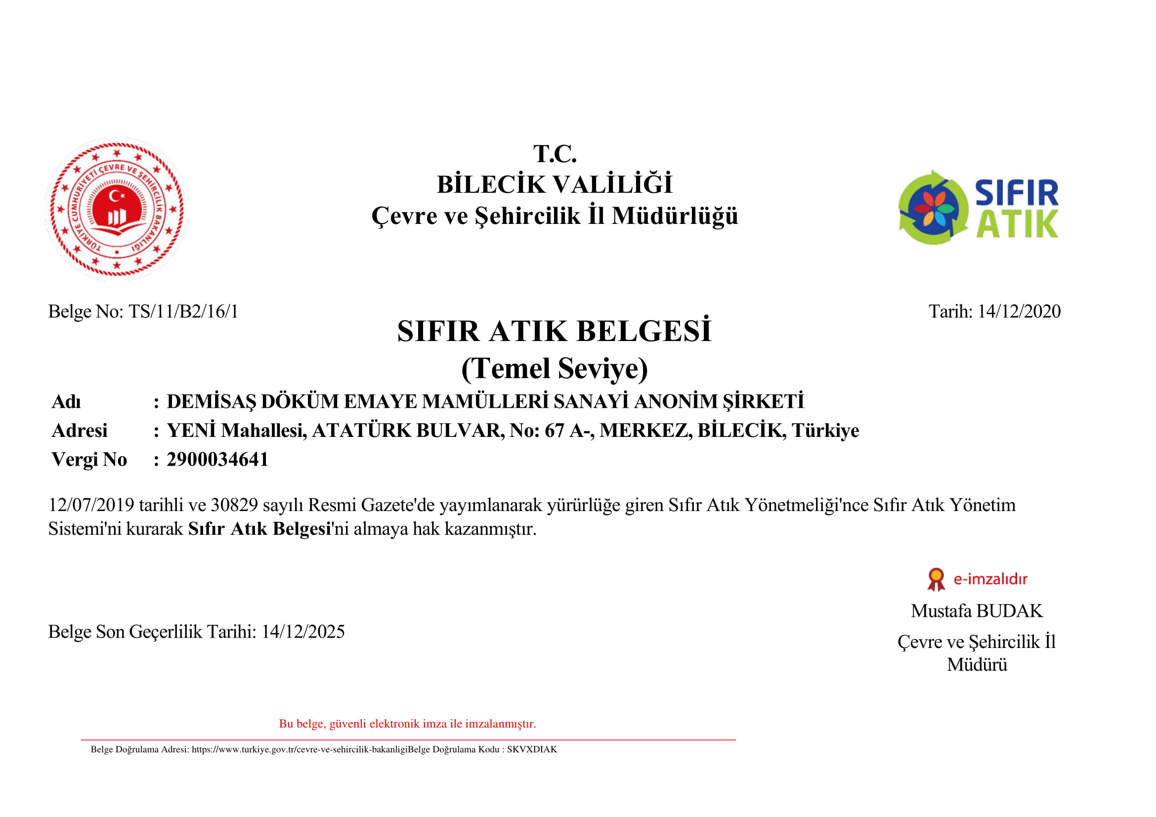Demisaş "Sıfır Atık Belgesi" Almaya Hak Kazandı